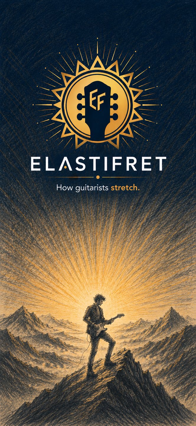 ELASTIFRET opening screen: a guitarist on a mountain ridge beneath a rising sun, drawn in pencil, over the words How guitarists stretch.